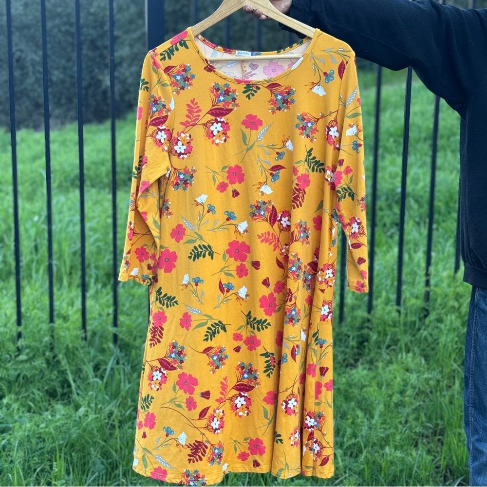 Women’s Yarn & Sea Mustard Yellow Floral Dress XL
